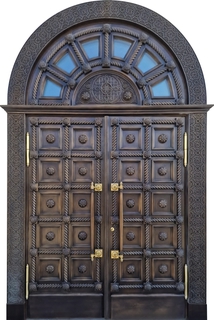 Арочная парадная двустворчатая дверь с остеклением в верхней вставке Арочная парадная двустворчатая дверь с остеклением в верхней вставке