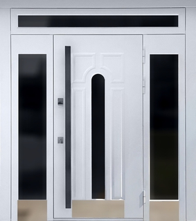 Входная остекленная группа с терморазрывом, отбойниками и длинной ручкой (белые панели МДФ RAL) Входная остекленная группа с терморазрывом, отбойниками и длинной ручкой (белые панели МДФ RAL)