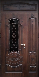 Полуторная термодверь с фрамугой, ковкой и стеклом (МДФ с фрезеровкой)