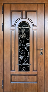 Металлическая термодверь МДФ шпон с кованой решеткой «растительный орнамент»