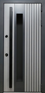 Современная стальная термодверь с тонированным стеклом и бугельной ручкой (серые двухцветные панели МДФ RAL) Современная стальная термодверь с тонированным стеклом и бугельной ручкой (серые двухцветные панели МДФ RAL)