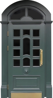 Остеклённая арочная термодверь с отбойником и фрамугой (зелёные панели МДФ)