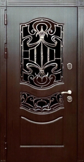 Металлическая остекленная термодверь с кованой решеткой и стеклами (отделка панелями МДФ)