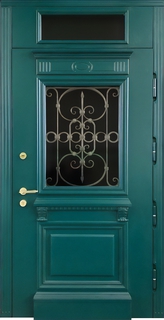Стальная зеленая термодверь с решеткой и остеклением (отделка МДФ RAL с багетом)