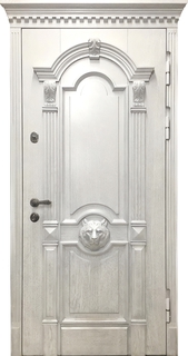 Металлическая термодверь с карнизом и резьбой «медведь» (МДФ RAL белый)