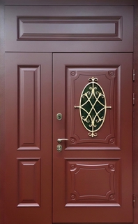 Входная нестандартная термодверь с неподвижными вставками, овальным стеклом и ковкой (МДФ с багетом)