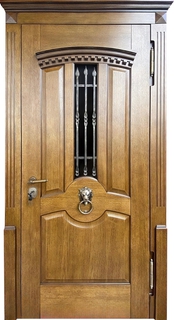 Входная термодверь с карнизом, кнокером, стеклом и ковкой (МДФ со шпоном)