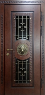 Входная утепленная дверь «терморазрыв» МДФ с чеканным декором «лев» (ковка + стекло)